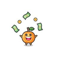illustration of the apricot catching money falling from the sky vector