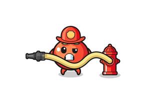 dibujos animados de tomates como mascota bombero con manguera de agua vector