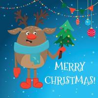 A Christmas card template with a merry Christmas reindeer in a scarf and a Christmas tree. vector