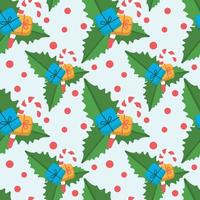 Vector seamless Christmas background with holly flower leaves, New Year gift and candy cane