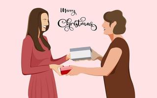 two beautiful women exchanging Christmas gifts. Christmas character vector illustration.