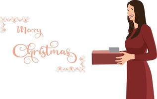 cute women with Christmas presents, Merry Christmas character illustration with calligraphic typography. vector