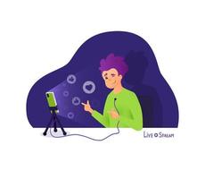 The blogger makes a live stream, broadcasts and receives likes and thumbs. Blogger vector cartoon character. Young vlogger make interview, recording video on his phone.