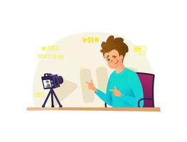 Blogger make interview, recording video on his camera, doing live stream, broadcasts vector illustration. Vlogger vector cartoon character