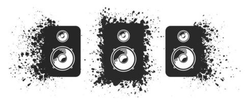 Vector loudspeakers set. Collection of black sound speakers explosion particles effect on white background