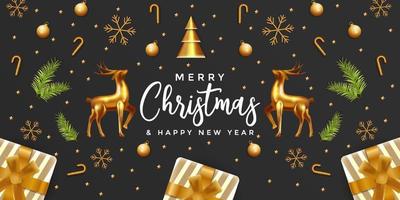 christmas and happy new year with black background. deer, snowflakes, leaves, star, candy, and christmas tree with golden color vector