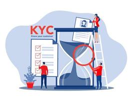 kyc o conozca a su cliente con el negocio verificando la identidad del concepto de sus clientes en los futuros socios a través de un ilustrador de vectores de lupa