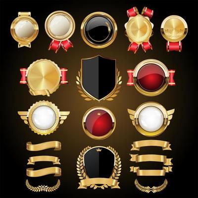 Vector medieval golden shields laurel wreaths and badges collection