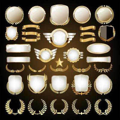 Vector medieval golden shields laurel wreaths and badges collection
