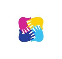 Isolated abstract colorful children hands together logo. Kids playroom logotype. Kindergarten sign. Handprints in paint symbol. Art school emblem. Vector illustration.