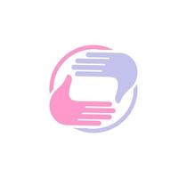 Isolated abstract blue and pink color human hands round shape logo. Hands frame logotype. Photo focus sign. Photo shooting studio emblem. Vector illustration.