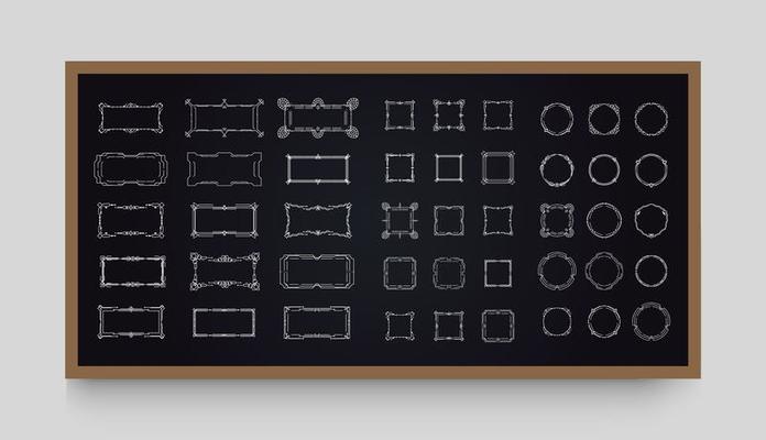 Decorative vintage frame set on the black chalkboard, elegant rectangle and circle collection, retro victorian design for invitation, wedding card, certificate, menu background, Vector illustration.
