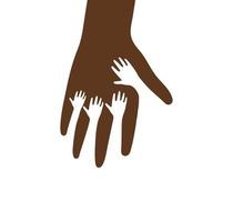 Little hands inside big palm vector icon. Helping hand, kids health care, charity logo template. Flat brown silhouette, abstract symbol. Isolated vector illustration on white background.