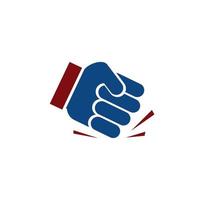 Isolated blue color fist logo. Human hand angry gesture. Protest symbol. Aggressive objection sign. Force and violence icon. Designed judge hammer. Vector illustration.