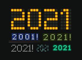 Figures 2021 vector set, glowing numbers on electric display. Characters on for trendy futuristic New Year card, digital display and scoreboard for business. Vector illustration