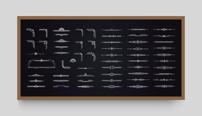 Decorative vintage dividers set on the black chalkboard, elegant frame corners and outline, retro victorian design for invitation, wedding card, certificate, menu background, Vector illustration.