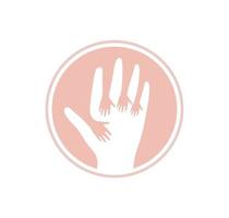 Hands up vector icon. Kids Help logo template. Flat human hand logotype. Care abstract pink symbol. Isolated vector illustration on white background.