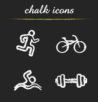 conjunto de iconos de tiza de deporte. ilustraciones de hombre con barra, bicicleta, natación y correr. deportistas y material deportivo. dibujos de pizarra vector aislado