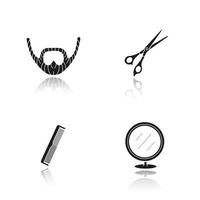 Barbershop drop shadow black icons set. Beard, scissors, comb, round mirror. Isolated vector illustrations