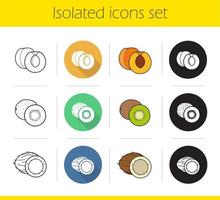 Fruit icons set. Flat design, linear, black and color styles. Cutted apricot, halved kiwi fruit, open coconut. Isolated vector illustrations