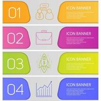 Business banner templates set. Easy to edit. Briefcase, working conversation, growth chart and spaceship. Website menu items with linear icons. Color web banner. Vector headers design concepts