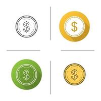 Gold US dollar coin icon. Flat design, linear and color styles. Isolated vector illustrations