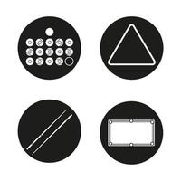Billiard icons set. Balls, triangle, cues and table. Pool equipment. Snooker accessories. Vector white silhouettes illustrations in black circles