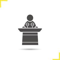 Politician icon. Drop shadow orator silhouette symbol. Speaker podium. Negative space. Vector isolated illustration