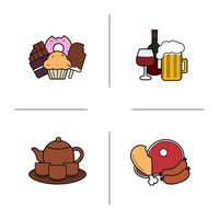 Conjunto de iconos de colores de categorías de alimentos. confitería, bebidas alcohólicas, juego de té, productos cárnicos. ilustraciones vectoriales aisladas vector