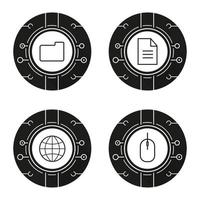 Cyber technology icons set. Cloud computing. Worldwide network, digital storage, web document, network access. Vector white silhouettes illustrations in black circles
