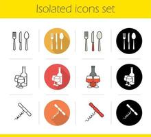 Kitchen items icons set. Flat design, linear, black and color styles. Fork, spoon and table knife, cutlery set, wine bottle and glasses, corkscrew. Kitchenware. Isolated vector illustrations