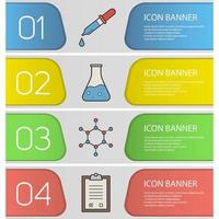 Science laboratory banner templates set. Easy to edit. Pipette with drop, boiling beaker, molecular structure and lab clipboard. Website menu items. Color web banner. Vector headers design concepts