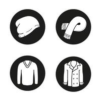 Autumn warm clothes icons set. Hat, scarf, pullover, coat. Sweater and jacket. Vector white illustrations in black circles