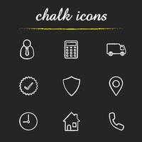 Delivery service chalk icons set. Manager, calculator, delivery truck, approved sign, protection shield, gps pinpoint, clock, house, contact us symbol illustrations. Isolated vector chalkboard drawing