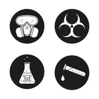 conjunto de iconos de la industria química. máscara de gas, líquido venenoso, tubo de ensayo químico y símbolo de peligro biológico. vector ilustraciones blancas en círculos negros