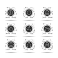 Cyber security icons set. Cloud computing. Neural networks, user group, digital connections, network settings, access denied, network admin. Vector white silhouettes illustrations in black circles