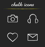 Social media chalk icons set. Photo camera, heart, letter and headphones illustrations. Take picture, listen music, like and send massage interface buttons. Isolated vector chalkboard drawings