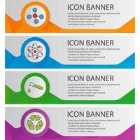 Chemistry banner templates set. Easy to edit. Atom and molecule, recycle symbol, chemical test tube website menu items. Color polygonal web banner concepts. Vector backgrounds