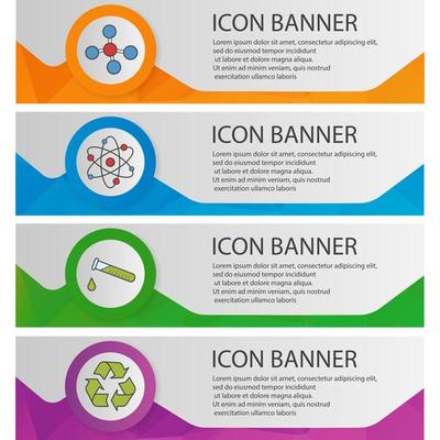 Chemistry banner templates set. Easy to edit. Atom and molecule, recycle symbol, chemical test tube website menu items. Color polygonal web banner concepts. Vector backgrounds