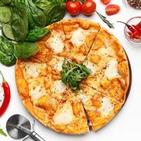 Italian Mozzarella Pizza On White Table, Top View photo