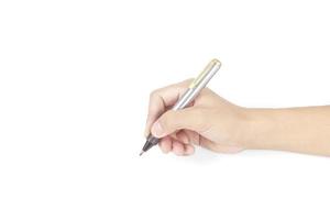 Pen in hand on white background photo
