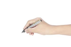 Hand with pen on white background photo