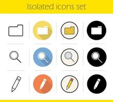 File manager icons set. Flat design, linear, black and color styles. Folder, magnifying glass, pencil. Files, search and edit buttons. Isolated vector illustrations