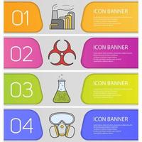 Chemical industry banner templates set. Easy to edit. Factory air pollution, poison liquid, biohazard symbol, gas mask. Website menu items. Color web banner. Vector headers design concepts