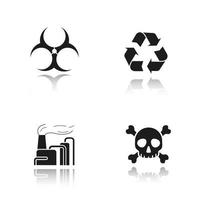 Conjunto de iconos negros de sombra de gota de contaminación industrial. símbolos de riesgo biológico y reciclaje, contaminación del aire de fábrica y calavera con signo de veneno de tibias cruzadas. ilustraciones vectoriales aisladas vector