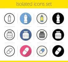 Sport supplies icons set. Flat design, linear, black and color styles. Protein powder can, vitamin pill, gym water bottle. Isolated vector illustrations