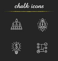 Business concepts chalk icons set. Company hierarchy, problems solving, successful idea and business goal achievement spaceship illustrations. Isolated vector chalkboard drawings