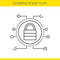 Lock linear digital icon. Thin line illustration. Contour symbol. Access denied. Closed padlock in microchip pathways. Cyber security. Vector isolated outline drawing