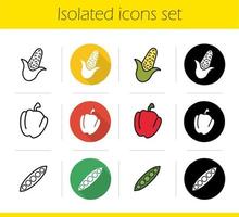 Vegetables icons set. Flat design, linear, black and color styles. Corn, paprika, open pea pod. Bell pepper and maize. Isolated vector illustrations