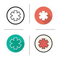 Star of life icon. Flat design, linear and color styles. Ambulance emblem. Isolated vector illustrations